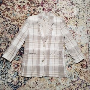Vintage 1990’s Neutral Plaid Oversized Linen Blend Blazer Express Sz Small